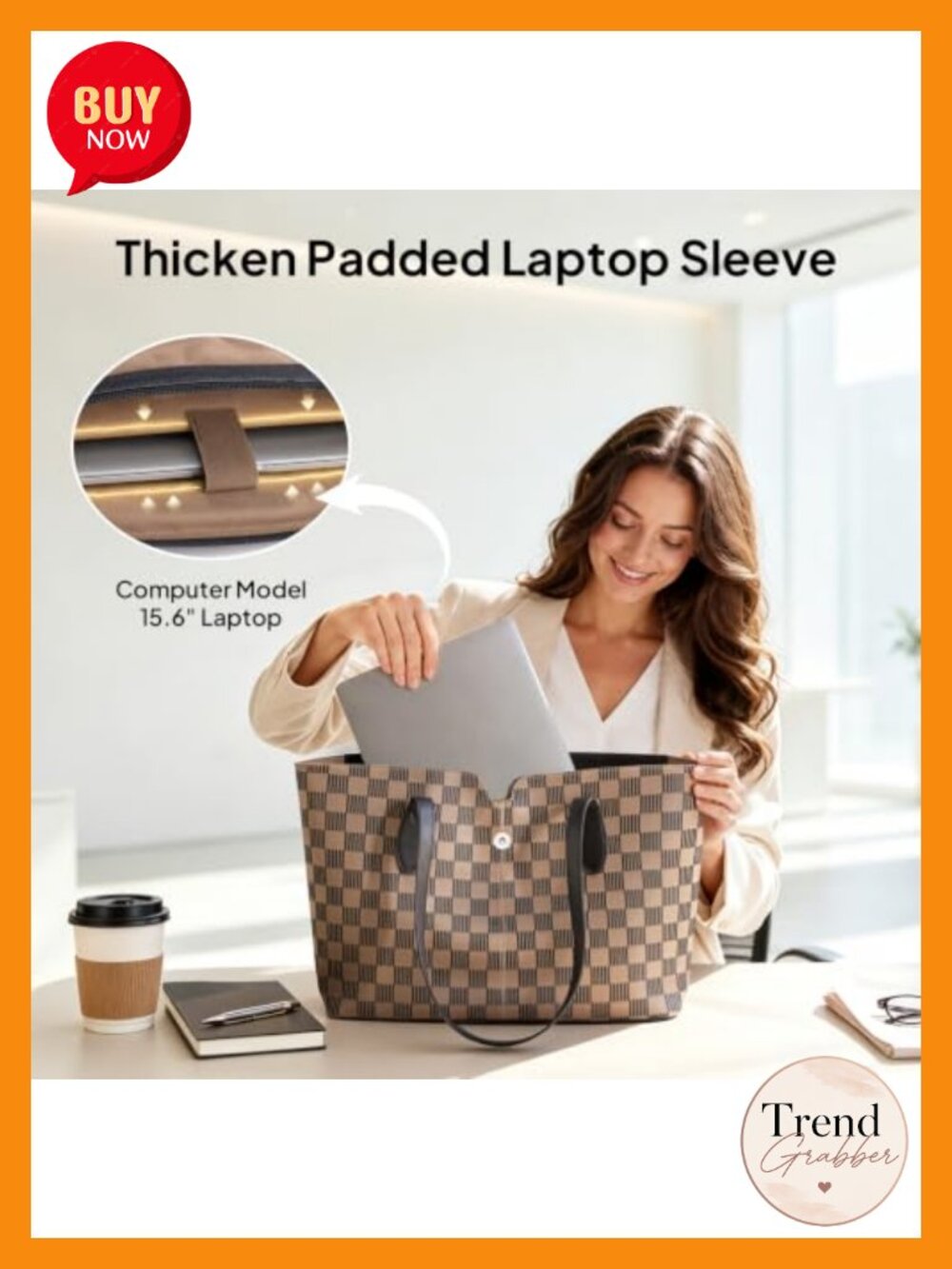 Vegan Leather Laptop Tote Bag 15.6" with Removable Sleeve